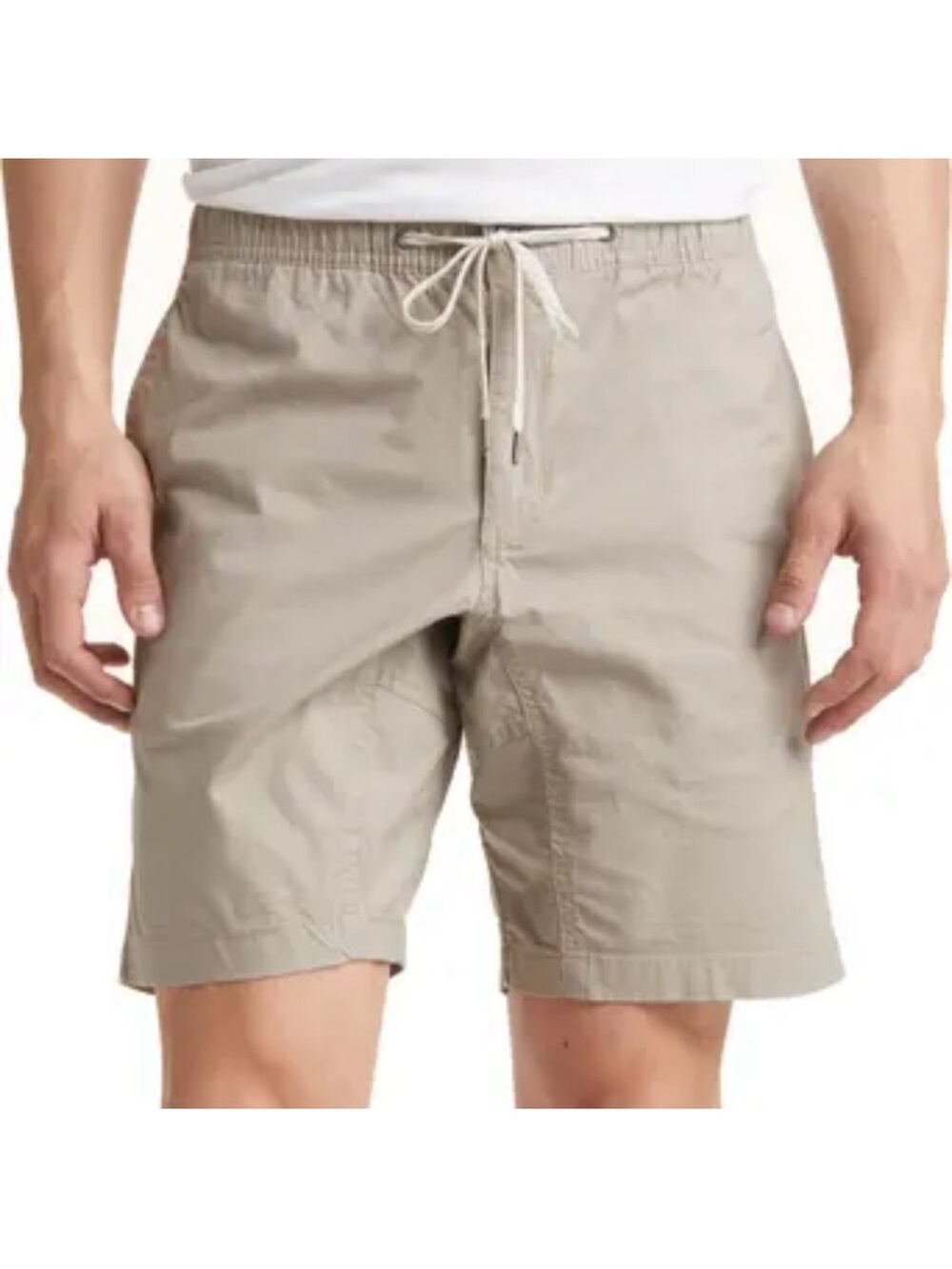 Vuori Ripstop Shorts in a sesame beige color, featuring elastic drawstring waist